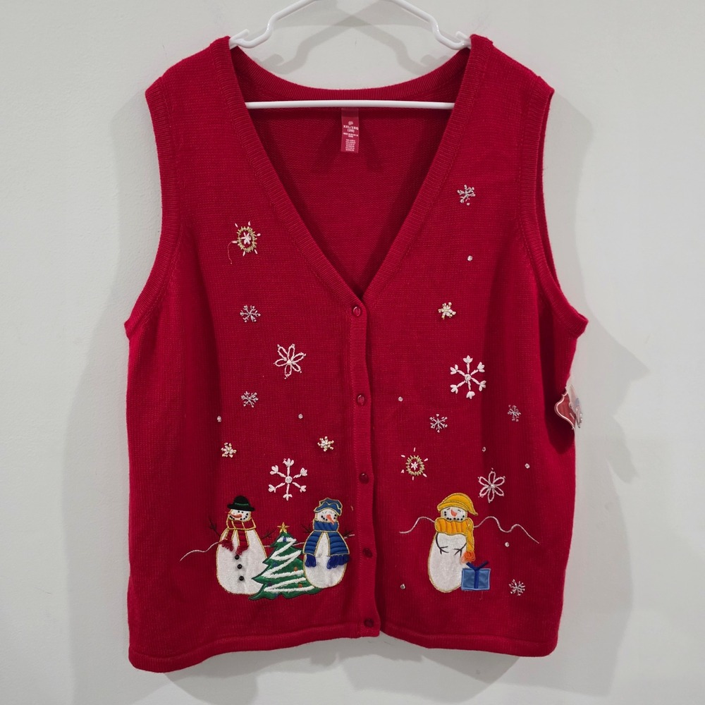 Womens Ugly Christmas Sweater Vest Size XXL Red Snowman Holiday Embroidered